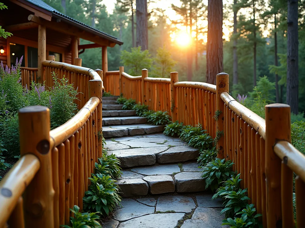 Natural Log Garden Railing at Dusk - A stunning DSLR wide-angle capture of rustic log railings along garden steps at dusk, featuring stripped and sealed cedar logs with their natural bark patterns visible. The handcrafted railing follows a gently curving stone pathway through a lush garden setting. Warm evening light filters through towering pine trees, casting golden highlights on the smooth-sealed log surfaces. Native ferns and woodland wildflowers soften the path edges, while climbing vines delicately wrap around the base of the railing posts. The craftsmanship showcases the natural knots and grain patterns in the logs, creating an authentic cabin-in-the-woods atmosphere. Photo captured with shallow depth of field highlighting the rich wood textures, f/8, ISO 100, 1/125 sec