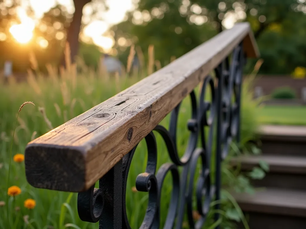 Rustic Reclaimed Wood and Iron Garden Handrail - A close-up perspective of a weathered reclaimed wood handrail mounted on vintage-style black iron brackets along garden steps at golden hour. The wooden top shows rich patina and natural grain patterns, while ornate wrought iron supports create elegant curves against a softly blurred background of native grasses and flowering perennials. Dappled sunlight filters through nearby trees, highlighting the rustic texture of the wood and the handcrafted quality of the iron work. Shot with shallow depth of field to emphasize craftsmanship details. DSLR, f/8, ISO 100, 1/125s, natural lighting.