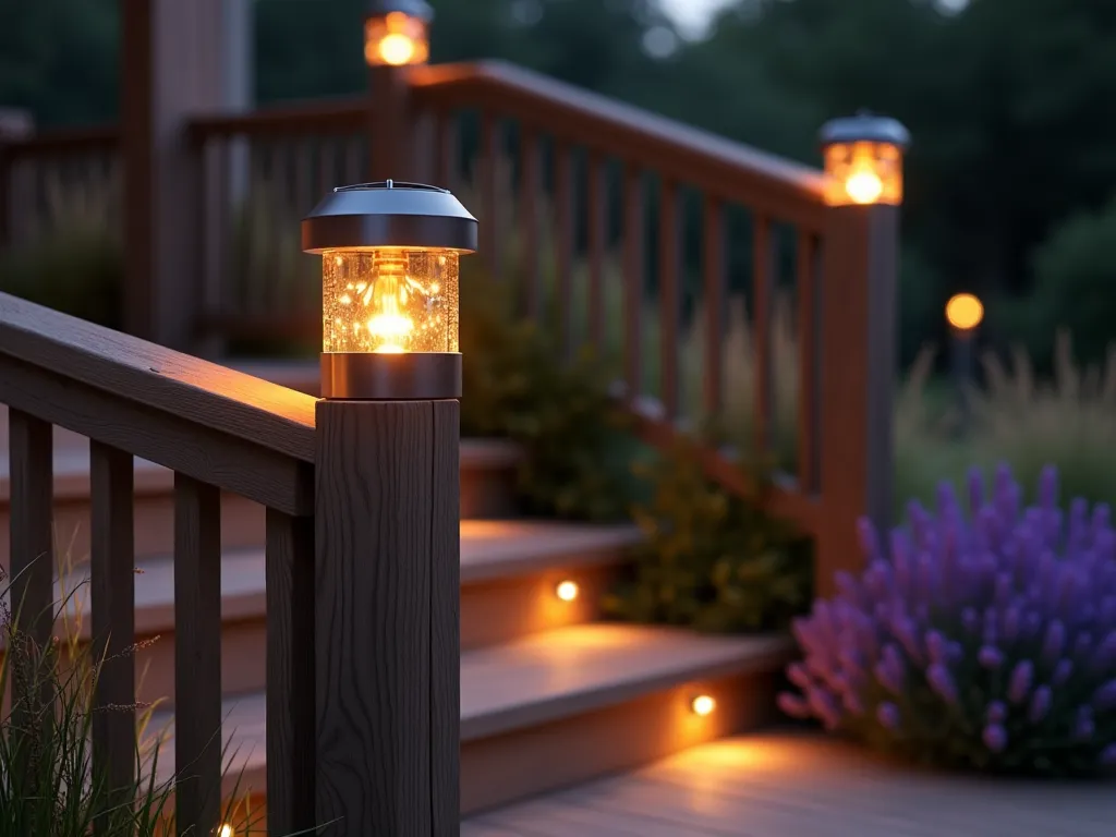 Illuminated Garden Handrail at Dusk - A magical twilight scene of a modern deck featuring elegant wooden handrails with glowing solar-powered post caps casting warm, gentle light. The deck steps lead down to a beautifully landscaped garden, with the caps creating a ethereal pathway of light. The contemporary-style glass and metal post caps emit a soft copper glow, highlighting ornamental grasses and lavender bushes swaying in the evening breeze. Shot from a medium-low angle to emphasize the lighting effect, with subtle bokeh in the background showing additional garden lighting. Photorealistic, high-end architectural photography style, atmospheric lighting, 8k quality.