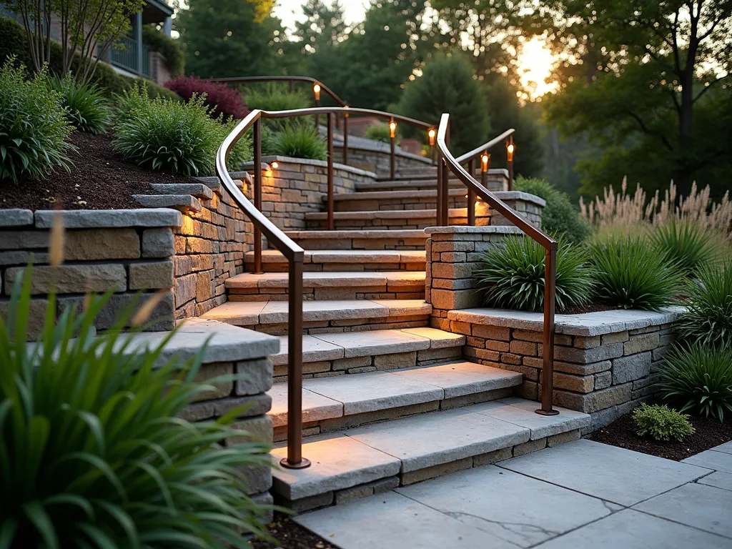 Elegant Stone-Integrated Garden Handrail at Dusk - A stunning garden pathway at dusk featuring a sleek bronze handrail organically emerging from a natural stone wall. The railing follows curved stone steps upward through a terraced garden. Warm landscape lighting illuminates the stonework, casting gentle shadows that highlight the seamless integration of metal and stone. Boston ivy gracefully cascades down the weathered stone wall, while ornamental grasses sway gently along the path's edge. Medium-wide angle shot capturing the natural flow and architectural harmony of the design, with the golden hour sun creating a warm, inviting atmosphere.