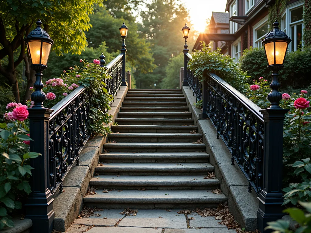 Victorian Garden Steps with Antique Cast Iron Railings - A majestic wide-angle shot of elegant Victorian garden steps at dusk, featuring ornate antique cast iron railings with intricate scrollwork patterns and weathered patina. The handrails frame a grand stone staircase leading to a formal garden terrace. Climbing roses and English ivy gracefully intertwine with the heritage railings, while vintage copper lanterns mounted on the posts cast a warm, romantic glow. The black ornamental ironwork contrasts beautifully against weathered limestone steps and lush garden surroundings. Period-authentic details showcase the railings' elaborate finials and decorative balusters in the golden hour light.