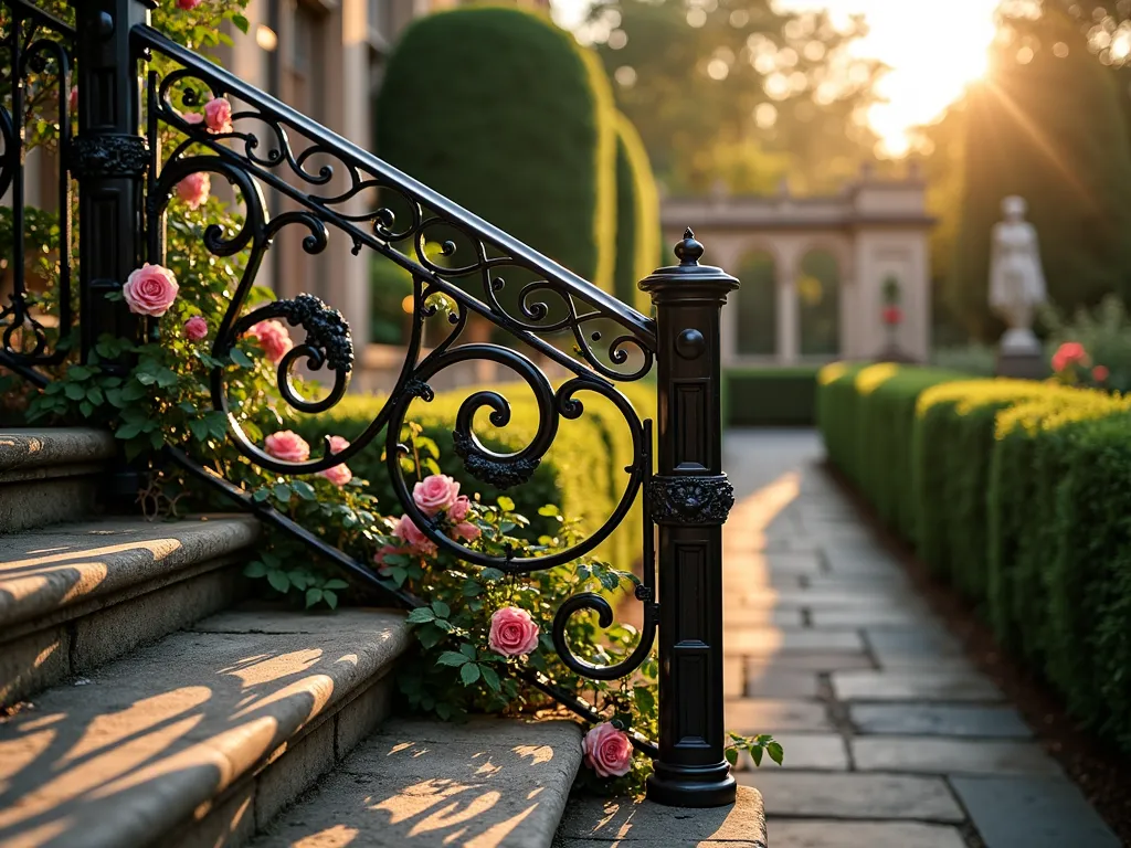 Victorian Wrought Iron Garden Handrail - A close-up DSLR photo of an elegant Victorian-style wrought iron handrail at golden hour, featuring intricate scrollwork and ornate floral patterns. The black metalwork creates dramatic shadows on stone steps leading up through a formal English garden. Climbing roses in soft pink weave through the railings, while perfectly manicured boxwood hedges line the pathway. The late afternoon sun highlights the detailed craftsmanship of the scrollwork, casting elaborate shadows across the weathered stone steps. Shot with shallow depth of field to emphasize the metalwork's artistic details, with a blurred background of manicured garden beds and classical statuary. 8K resolution, photorealistic, architectural detail photography.