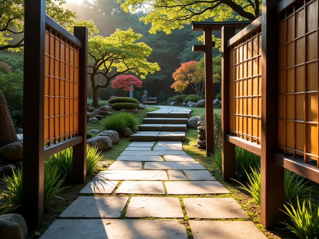 Zen Bamboo Handrail Retreat - A serene garden path with elegant bamboo screen panels mounted between dark wooden posts serving as handrails, photographed during golden hour. The bamboo screens cast intricate shadow patterns on the stone path below. Natural stone steps lead through a peaceful Japanese-inspired garden with carefully placed bonsai trees and moss gardens. A small meditation area with a wooden bench is visible in the background. The scene is complemented by ornamental grasses and Japanese maples, creating a harmonious blend of textures. Shot with a wide-angle lens to capture the entire pathway and surrounding landscape, with soft, warm lighting filtering through the bamboo screens. Photorealistic, 16-35mm, f/2.8, ISO 400.