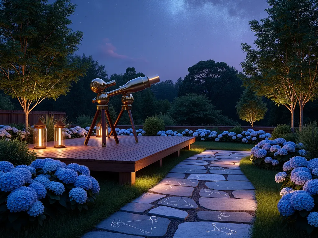 Celestial Observatory Garden at Twilight - A stunning twilight garden scene featuring an elevated wooden deck platform surrounded by ethereal blue hydrangeas and white cosmos flowers. A sophisticated brass telescope stands prominently on the platform, angled toward the star-filled sky. The space is illuminated by decorative celestial-themed lanterns casting a soft, warm glow. Custom stone pathways with inlaid constellation patterns wind through the garden, while illuminated glass orbs representing planets are scattered throughout. Japanese maple trees frame the scene, their delicate leaves silhouetted against the purple-blue dusk sky. Shot with a wide-angle perspective to capture both the ground elements and the starry sky above, creating a magical astronomical sanctuary.