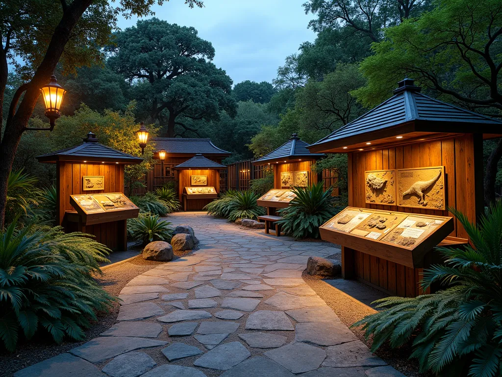 Educational Fossil Garden Display - A stunning wide-angle view of a natural history garden exhibit at dusk, featuring artfully arranged fossil displays nestled among lush ferns and cycads. Stone pathways with embedded fossil patterns wind between illuminated exhibit cases displaying dinosaur fossils. Rustic wooden information stands with educational plaques line the paths. Archaeological tools and partially excavated dig sites add authenticity. Warm landscape lighting creates dramatic shadows while paper lanterns provide soft ambient illumination. Japanese maple trees and prehistoric-looking plants frame the scene. Stone benches offer viewing areas, while a decorative wrought iron fence with fossil motifs borders the garden.