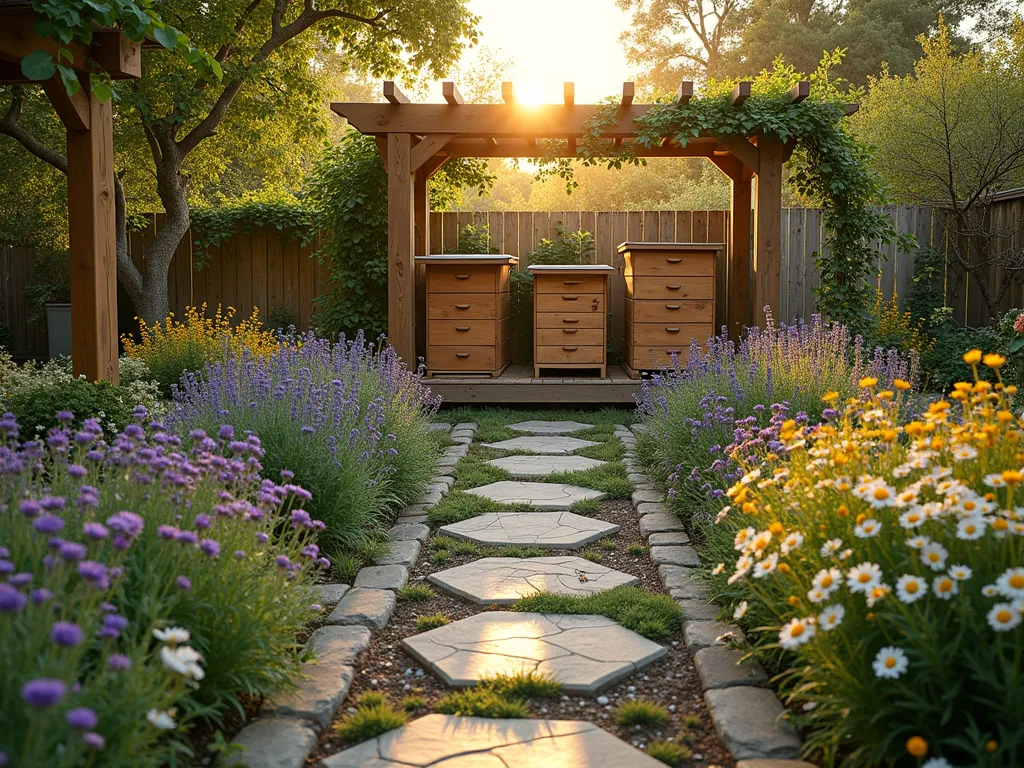 Enchanted Beekeeping Garden Sanctuary - A serene and enchanting residential garden sanctuary at golden hour, photographed with a DSLR wide-angle lens. The focal point features three beautifully crafted wooden beehives nestled among flowering lavender, cosmos, and wildflower meadows. A rustic honey extraction station sits under a weathered wooden pergola draped with climbing honeysuckle. Custom hexagonal stepping stones lead through the garden, while educational plaques about beekeeping are tastefully integrated among the flowers. Honeycomb-patterned trellises create vertical interest, adorned with climbing roses. Natural stone borders frame raised flower beds bursting with bee-friendly plants in purples, yellows, and whites. Soft golden sunlight filters through the foliage, creating a magical atmosphere as bees hover among the blooms.