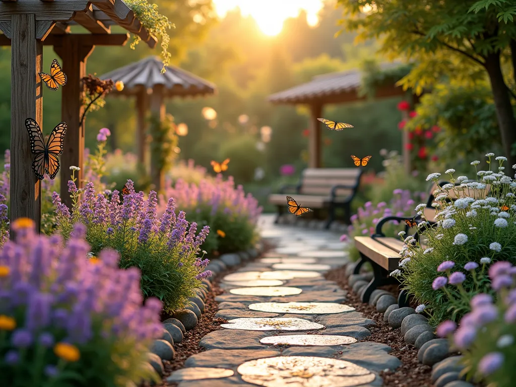 Enchanted Butterfly Garden Sanctuary at Dusk - A dreamy, wide-angle view of a tranquil butterfly garden at golden hour, captured with soft natural lighting. Winding stone pathways weave through masses of colorful hybrid flowers including purple lavender, pink cosmos, and white butterfly bush. Ornate bronze butterfly sculptures and delicate butterfly models are scattered throughout the garden, their metallic surfaces catching the warm evening light. Rustic wooden benches nestle in intimate viewing nooks, surrounded by climbing roses on weathered trellises. Custom butterfly-themed mosaic stepping stones lead visitors through the space. The garden is photographed from a slightly elevated angle to showcase the artistic layout and flowing design, with a shallow depth of field that creates a magical, dreamy atmosphere. Several real butterflies hover over the flowers, their wings catching the golden sunlight.