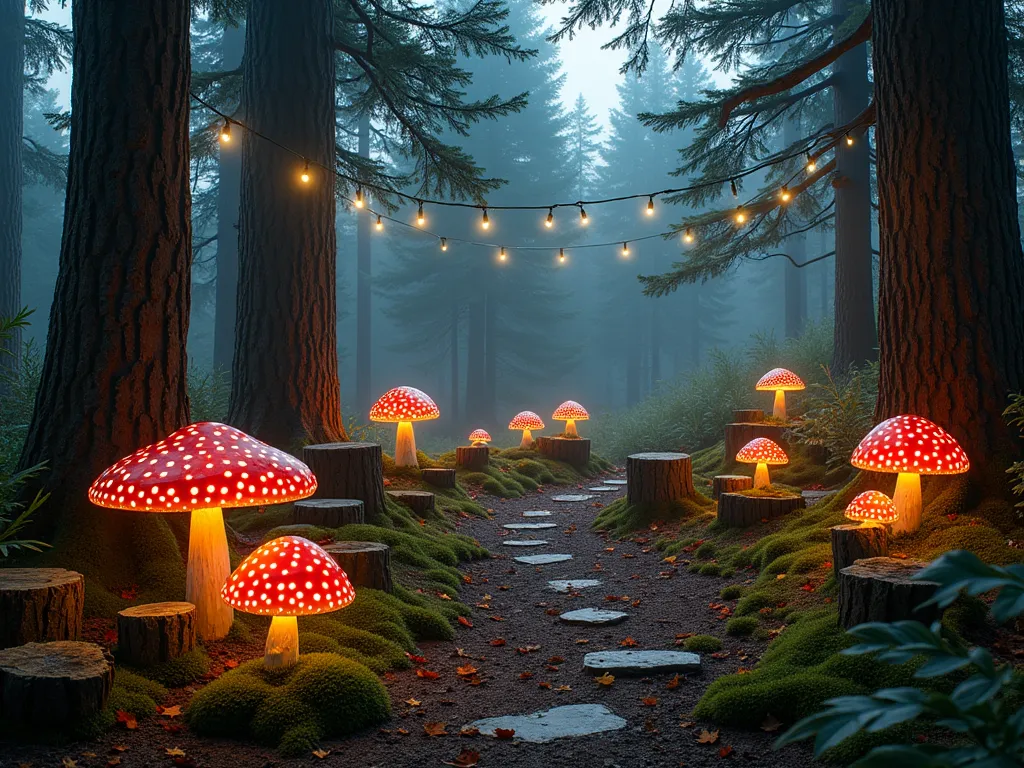 Enchanted Forest Mushroom Garden at Twilight - A magical twilight garden scene captured with a wide-angle lens, featuring towering cedar trees creating a natural canopy. In the foreground, large decorative mushrooms in various sizes and colors glow softly, with red and white spotted parasol mushrooms nestled among moss-covered stones. Rustic log stumps arranged as natural seating around a central gathering area, adorned with whimsical mushroom lamps emitting a warm, ethereal light. Scattered leaf piles in autumn colors add texture to the forest floor, while delicate moss carpets wind between the tree trunks. Natural fog gives the scene a mystical atmosphere, with fairy lights strung between the trees providing additional magical ambiance. Photographed with dramatic shadows and highlights, emphasizing the enchanted forest atmosphere. 8K resolution, hyperrealistic detail, professional lighting.