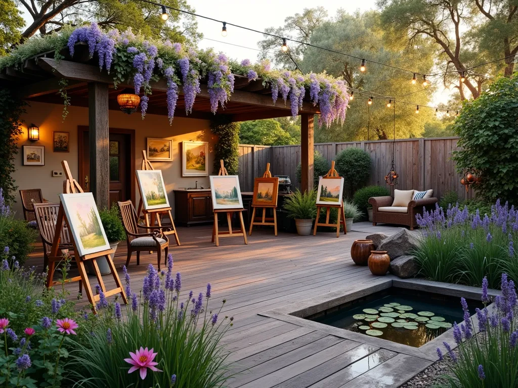 Enchanted Garden Art Studio Retreat - A serene outdoor art studio garden at golden hour, featuring a weathered wooden pergola draped with wisteria and climbing roses. The space is centered around a rustic wooden deck with multiple easels set up in a semi-circle, each displaying partially completed paintings. Vintage wooden chairs and a comfortable wicker seating area provide spots for artists and observers. Garden paths lined with lavender and Japanese forest grass lead to display walls adorned with completed artworks. String lights crisscross overhead, creating a magical atmosphere. Crystal wind chimes and copper sculptures add whimsical touches throughout the space. A small reflection pond with water lilies sits nearby, providing inspiration. The scene is captured in a wide-angle view, with soft evening light filtering through the pergola's flowering vines, creating enchanting shadows on the artwork below.