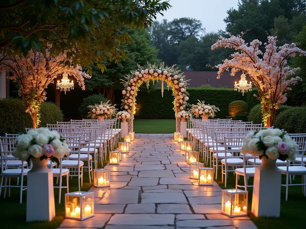 Enchanted Garden Wedding Venue at Twilight - A romantic outdoor garden wedding venue at twilight, featuring a white ornate wedding arch draped with climbing roses and wisteria. A stone path lined with glowing lanterns leads to the altar, flanked by elegant white garden chairs arranged in rows. White flower stands overflow with hydrangeas and peonies. Crystal chandeliers hang from nearby flowering cherry trees, casting a soft, magical glow. The scene is captured in a wide-angle perspective, showing the entire venue nestled within a carefully manicured garden with trimmed hedges and flowering bushes in the background. Soft fairy lights twinkle throughout the space, creating a dreamy, ethereal atmosphere.