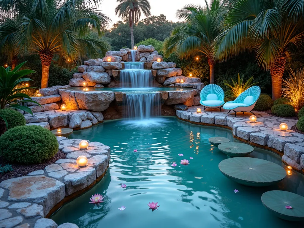 Enchanted Mermaid Waterfall Garden - A magical twilight garden scene captured with a wide-angle lens, featuring a serene multi-tiered waterfall cascading over iridescent shell-encrusted rocks. The waterfall flows into a tranquil pond surrounded by luminescent shell fountains and pearlescent stepping stones. Delicate water lilies float on the crystal-clear water's surface, while custom-designed water patterns create ethereal ripples. Mediterranean fan palms and coastal grasses frame the scene, with strategically placed mermaid-themed furniture in soft aqua and pearl tones. Warm garden lights illuminate the water features, creating a mystical atmosphere as the sun sets, casting golden reflections on the water. Shot at f/8 with natural twilight lighting, capturing the interplay between water movement and ambient light.