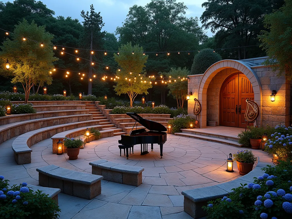 Enchanted Musical Garden Amphitheater at Twilight - A whimsical outdoor garden amphitheater at twilight, featuring a curved stone stage adorned with ornate musical instruments. Terraced seating made of natural stone and wooden benches, draped with climbing wisteria and moonflowers. String lights and lanterns create a magical ambiance, intertwined through wrought iron arches. Musical note patterns embedded in the stone pathways lead to the stage. Copper wind chimes and decorative harps line the perimeter. Japanese maple trees and bamboo create natural acoustic walls. A grand piano takes center stage, surrounded by potted hydrangeas and illuminated by warm spotlights. The scene is captured in a wide-angle perspective, showing the entire amphitheater nestled within a lush garden setting.