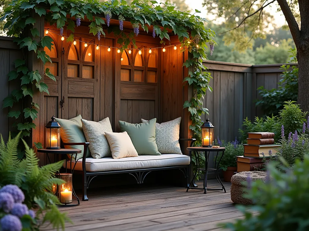 Enchanted Outdoor Library Garden Retreat - A cozy outdoor reading garden at dusk, illuminated by warm string lights and vintage lanterns. A weathered wooden deck features a comfortable reading nook with plush cushions in muted sage and cream colors scattered around a rustic iron garden bench. Climbing ivy and wisteria drape over classic library-inspired backdrop panels with arched windows. Antique hardcover books are artfully arranged on a wrought iron side table, while a charming tiny library box stands nearby. Potted ferns, lavender, and hydrangeas create a lush garden border. Golden hour sunlight filters through the foliage, casting magical shadows across weathered wooden floorboards. Wide-angle perspective capturing the intimate garden sanctuary.