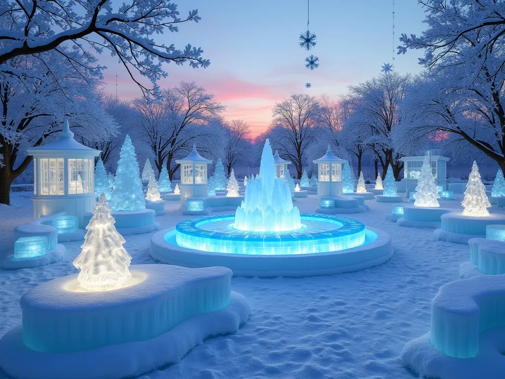 Enchanted Winter Ice Garden Paradise - A stunning twilight photograph of a serene winter garden, captured with a 16-35mm lens at f/2.8, ISO 400. Crystalline ice sculptures of various shapes and sizes create an ethereal landscape, with illuminated snowflakes suspended above casting a soft blue glow. Custom-carved ice benches and furniture are arranged around a central frozen fountain. The garden features frosted topiary forms and white-lit winter trees. Delicate ice lanterns line winding paths covered in pristine snow patterns. Small viewing pavilions with glass walls offer cozy spots to observe the winter wonderland. Strategically placed uplighting creates dramatic shadows and highlights the intricate ice details. The scene is photographed from a wide angle, capturing the entire garden's magical atmosphere as day transitions to dusk, with the last rays of sunlight creating prismatic effects through the ice features.