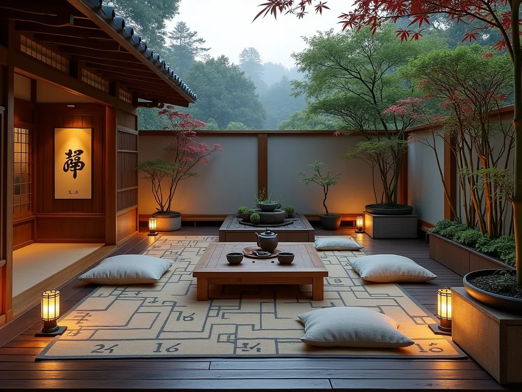 Japanese Tea Garden Terrace at Dusk - A serene Japanese-inspired outdoor tea garden terrace at dusk, photographed from a medium-wide angle. The space features a raised wooden deck platform with traditional bamboo railings, surrounded by carefully manicured bonsai trees. Stone lanterns cast a warm, gentle glow across the scene. At the center, an authentic low wooden table displays an elegant ceramic tea set, surrounded by plush floor cushions in muted earth tones. The deck is covered with intricately designed tatami-style outdoor mats featuring geometric patterns. Imperial-style screens create a backdrop, while potted bamboo plants frame the corners. Soft evening light filters through the bamboo leaves, creating delicate shadows on the deck. Japanese maple trees with deep red foliage add rich color accents. The atmosphere is peaceful and contemplative, with a subtle mist hanging in the background.