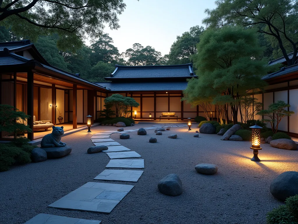 Tranquil Japanese Zen Garden at Twilight - A serene Japanese zen garden at twilight, photographed with a wide-angle lens capturing the entire meditation space. Traditional stone lanterns emit a soft, warm glow, illuminating a carefully arranged composition of smooth river stones and raked gravel patterns. A winding stone path leads to a meditation area featuring weathered stone stools surrounded by swaying bamboo groves. Imperial-style black fencing frames the space, while ornate stone tiger statues stand guard at the corners. A traditional deer scare (shishi-odoshi) creates gentle water sounds, with wisps of evening mist hovering above the ground. The scene is captured in stunning 8K resolution, with the golden hour light casting long shadows across the textured gravel, creating a deeply atmospheric and contemplative space. Hyperrealistic photography, cinematic lighting, architectural photography.