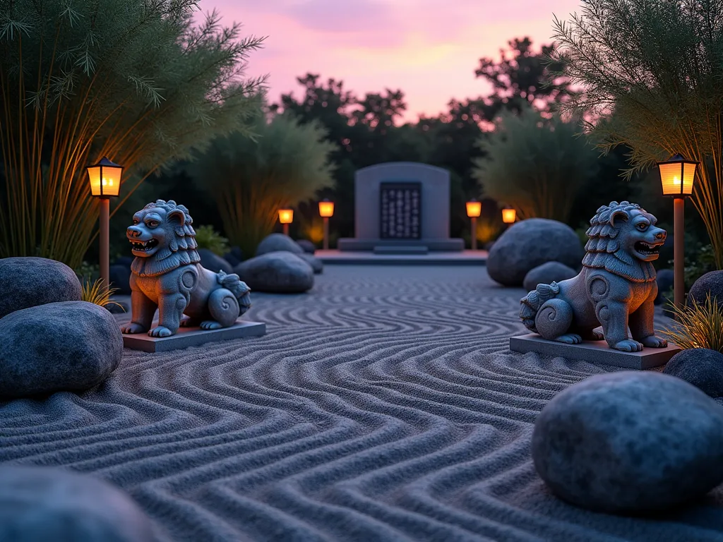 Zen Rock Garden Sanctuary at Dusk - A serene Japanese-inspired rock garden photographed at dusk with soft ambient lighting. Large, weathered garden rocks arranged in precise zen patterns amid meticulously raked gravel creating mesmerizing ripple effects. Two majestic stone lion-dog statues guard the entrance, while tall traditional bamboo lanterns cast a warm golden glow. Beautiful bamboo grass clusters sway gently in the background. A traditional deer scare (shishi-odoshi) sits near a stone tablet with ancient inscriptions. The garden is photographed from a low angle using a 16-35mm lens at f/2.8, capturing the interplay of shadow and light across the raked sand patterns. Soft purple and orange sunset hues illuminate the sky, creating a mystical atmosphere.