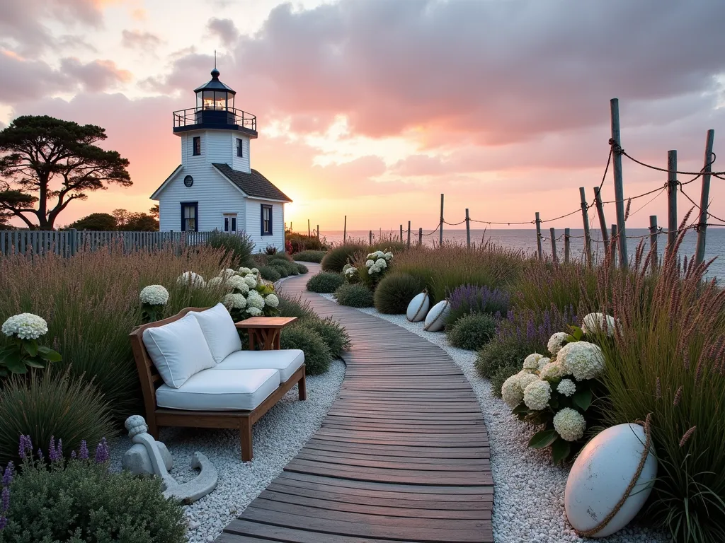 Coastal Lighthouse Garden at Sunset - Atmospheric wide-angle photograph of a charming coastal garden at golden hour, centered around a classic white lighthouse with navy blue trim. Garden features weathered wooden pathways lined with swaying beach grass, white hydrangeas, and lavender. Natural rope fencing weaves through the landscape, complemented by vintage nautical elements like anchors and weathered buoys. A cozy teak wood seating area with white cushions faces the ocean, surrounded by white shell-lined paths and ornamental grasses. Soft evening light casts long shadows across the textured garden, while the lighthouse stands majestically against a pink and orange sunset sky. Shot with a 16-35mm lens at f/2.8, ISO 400, capturing the romantic maritime atmosphere and coastal garden design in stunning detail.