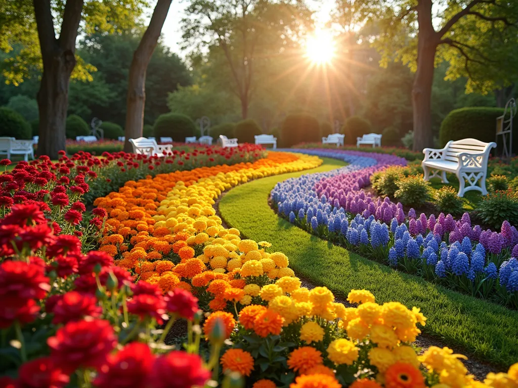 Rainbow Garden Flower Gradient - A serene backyard garden at golden hour featuring a stunning rainbow-gradient flower field arranged in perfect harmony. In the foreground, red roses transition seamlessly into orange cosmos, leading to yellow pansies, rare green mums, blue hyacinths, and ending with purple windflowers in the background. Elegant white garden benches line the curved pathway through the flower rainbow, while ornate iron garden arches frame the scene. Soft sunlight filters through the flowers, creating a magical atmosphere with lens flare and bokeh effects. Professional photography with shallow depth of field, shot at f/2.8 with a 16-35mm wide-angle lens, capturing the sweeping grandeur of the color progression.