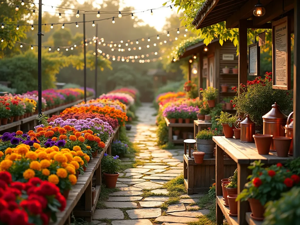 Rainbow Hybrid Garden Nursery at Sunset - A stunning garden nursery layout photographed at golden hour, featuring meticulously organized rows of vibrant hybrid flowers in every color of the rainbow. The scene includes rustic wooden plant stands and vintage-style garden shop displays with terracotta pots and gardening tools. A charming wooden potting station with copper watering cans sits centrally, surrounded by informative wooden signs and creative plant labels. String lights drape overhead, casting a warm glow on the colorful flower beds. The wide-angle perspective captures the entire rainbow gradient of blooms, from red roses to purple pansies, with a soft bokeh effect in the background. Weathered stone pathways wind between the flower sections, and antique-style garden furniture adds character to the display area.