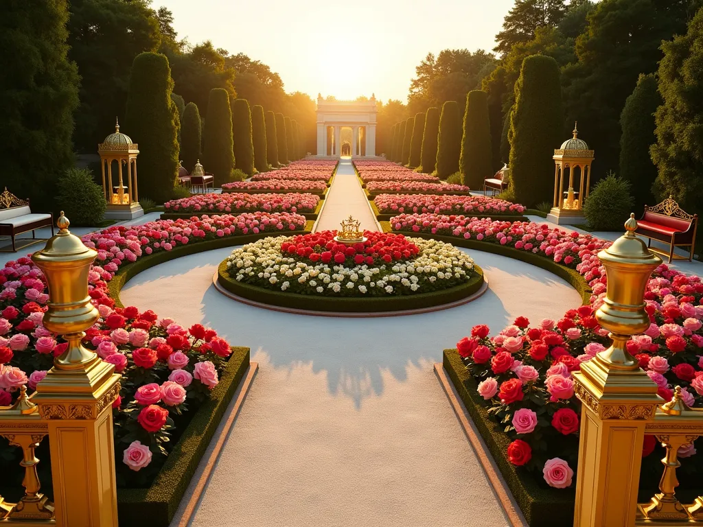 Elegant Royal Rose Garden with Golden Centerpiece - A captivating wide-angle shot of a symmetrical formal garden at golden hour, featuring a grand circular pattern of blooming roses in deep reds, soft pinks, and pure whites, radiating from a stunning centerpiece of golden roses. Ornate gold-plated imperial fencing frames the garden, while antique golden watering cans rest elegantly on decorative pedestals. Regal golden benches with velvet cushions are positioned along the pathways, which are lined with pristine white gravel. Crystal palace lights cast a warm glow across the scene, while ornate display cases housing royal crowns add majestic touches at key focal points. Shot with a 16-35mm lens at f/2.8, ISO 400, capturing the rich golden sunlight highlighting the metallic elements and creating depth in the rose petals. Photographed from a slightly elevated angle to showcase the intricate symmetrical design and royal grandeur of the space.