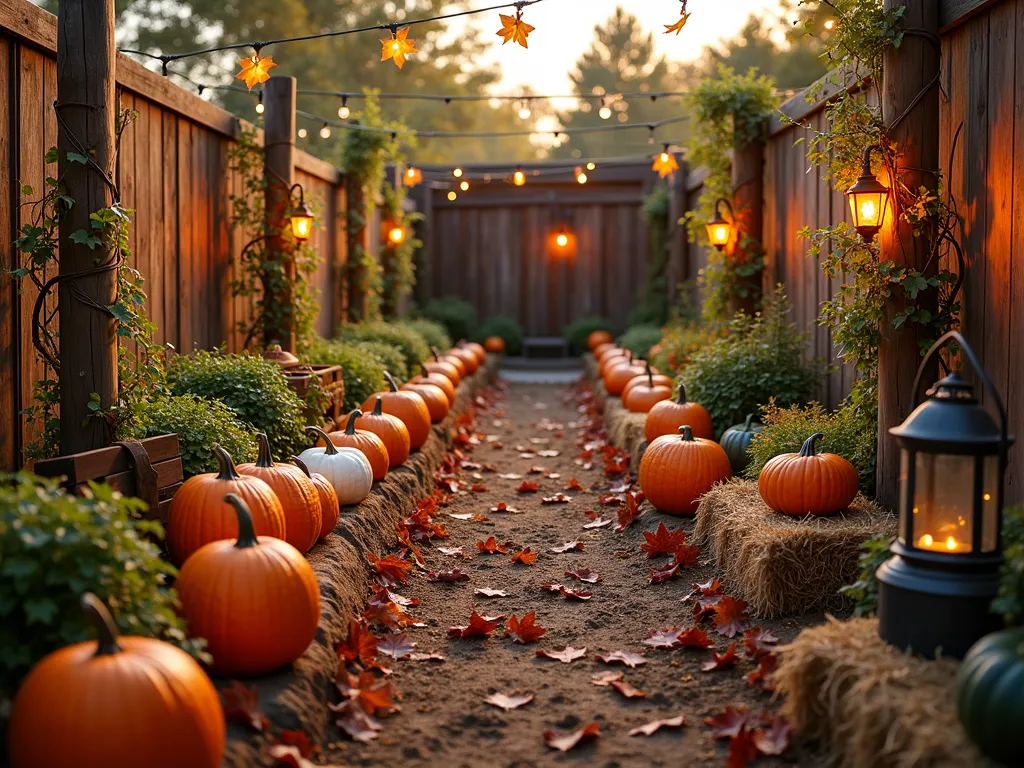 Rustic Autumn Pumpkin Garden at Dusk - A cozy backyard pumpkin patch at dusk with a warm autumn atmosphere, featuring rows of vibrant orange, white, and green pumpkins growing on twisted vines. Rustic wooden log stakes line the edges, while weathered wooden panels create a charming farm backdrop. Scattered hay bales and vintage lanterns provide ambient lighting. The garden path is lined with fallen maple leaves in rich reds and golds, while custom dirt paths wind between the pumpkin plots. Vintage metal watering cans and wooden crates add authentic farmhouse charm. Shot from a wide angle with the setting sun casting long shadows and golden light across the scene. Decorative cornstalks stand in the corners, and fairy lights strung between wooden posts create a magical evening ambiance.