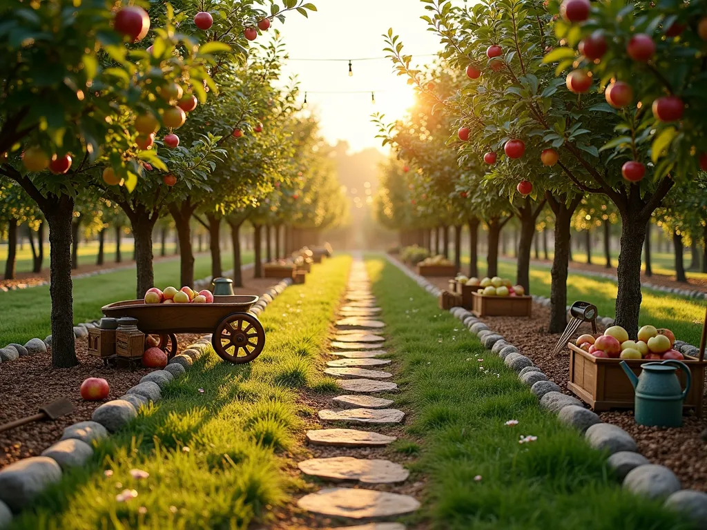 Rustic Fruit Orchard Garden at Dawn - A serene fruit orchard garden at dawn with golden sunlight filtering through neat rows of apple, pear, and cherry trees. Wide-angle view showing organized pathways of natural dirt and stepping stones winding between the trees. Vintage wooden crates and woven baskets filled with freshly picked fruit rest near the trees. Rustic gardening tools like a wooden wheelbarrow, rake, and watering can add authentic charm. Morning dew glistens on the grass, while string lights hang between the trees creating a magical atmosphere. Stone borders line the paths, with wildflowers peeking through. The scene captures both functionality and whimsy with its organized layout and enchanting decorative touches.