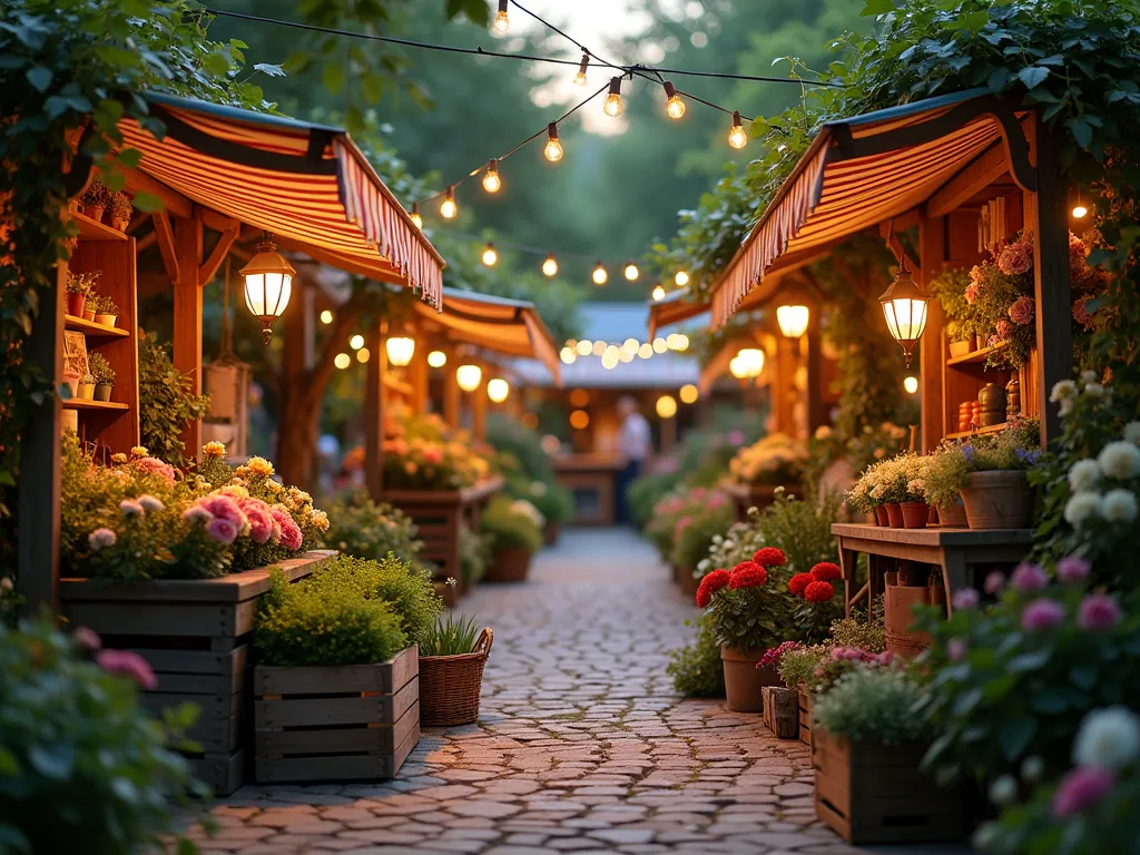 Rustic Market Garden Stalls at Dusk - A dreamy wide-angle shot of a charming outdoor farmers market at dusk, captured with a 16-35mm lens at f/2.8, ISO 400. Wooden market stalls with striped canvas awnings line a cobblestone garden path, illuminated by warm string lights and vintage lanterns. Weathered wooden crates overflow with fresh flowers and produce, while antique garden wagons display potted herbs and flowering plants. Scattered gardening tools and woven baskets add authentic rustic charm. Climbing roses and ivy adorn the stall posts, with soft bokeh effects from twinkling market lights in the background. The scene is bathed in golden hour light, creating a magical, whimsical atmosphere reminiscent of a storybook garden market.