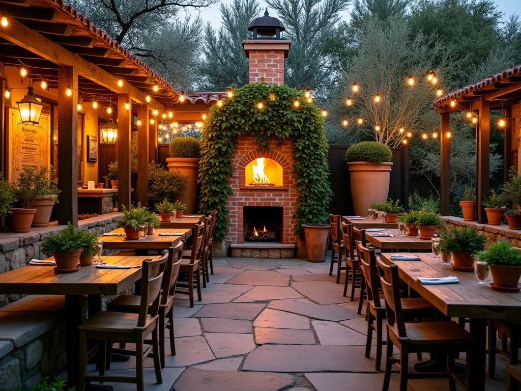 Rustic Pizza Garden Cafe at Twilight - A cozy outdoor garden pizzeria at twilight, featuring a traditional brick pizza oven with climbing ivy, surrounded by raised herb garden beds filled with basil, oregano, and rosemary. Rustic wooden dining tables with vintage-style chairs are arranged on a stone patio, illuminated by warm string lights draped overhead between wooden pergola posts. Terracotta pots with fresh herbs adorn each table, while a weathered wooden menu board displays daily specials. A Mediterranean-inspired backdrop includes olive trees in large planters, with the brick oven's warm glow creating an intimate atmosphere. The scene is captured with a wide-angle lens, emphasizing the depth of the space and the interplay of natural and ambient lighting. Shot at f/8, ISO 100, 1/125 sec.