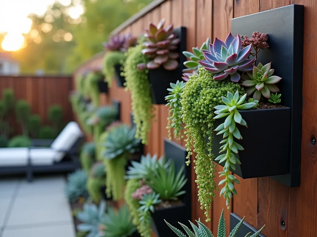 Modern Succulent Wall Garden - A close-up shot of a residential wooden fence transformed into a stunning vertical succulent garden at golden hour. Multiple contemporary black metal wall-mounted planters arranged in a geometric pattern showcase a diverse collection of succulents in various sizes, colors, and textures. Echeveria rosettes in purple and blue-green tones, trailing String of Pearls cascading downward, spiky Aloe vera, and compact Sedum varieties create a living tapestry. Soft evening sunlight casts gentle shadows, highlighting the dimensional quality of the installation. A modern concrete patio partially visible below features minimalist furniture, creating a serene outdoor living space. Shot with shallow depth of field focusing on the textural details of the succulents, with a dreamy bokeh effect in the background.