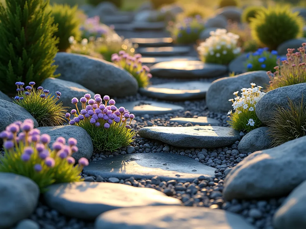 Mountain-Inspired Alpine Rock Garden with Slate Chippings - A serene alpine rock garden featuring layers of charcoal and silver slate chippings creating natural-looking terraces. Small clusters of vibrant alpine plants including purple saxifraga, white candytuft, and blue gentians nestled between weathered slate rocks. Golden evening sunlight casting long shadows across the textured surface, highlighting the dimensional qualities of larger slate pieces strategically placed throughout. Dwarf conifers provide vertical interest, while creeping thyme and sedum cascade over rock edges. Captured in photorealistic detail with shallow depth of field emphasizing the delicate alpine flowers against the slate backdrop.