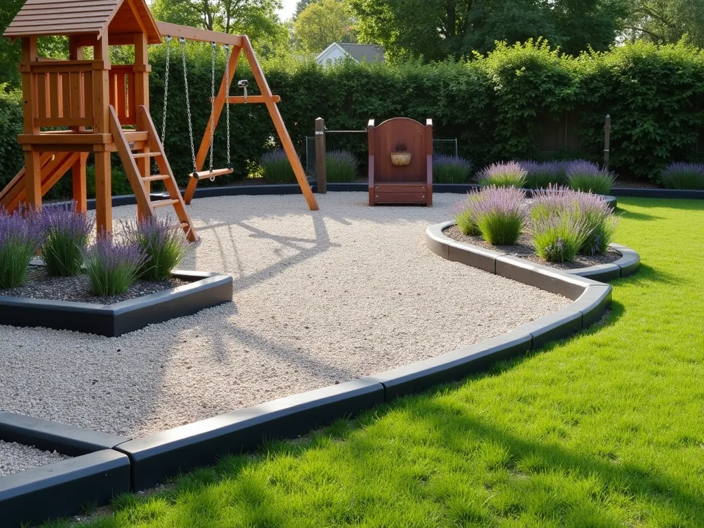 Safe Play Area with Slate Border - A modern children's play area featuring a wooden playset with swings and slide, surrounded by a clean, 3-foot wide border of light grey slate chippings. The border curves naturally around the play equipment, creating a clear boundary between the play zone and the surrounding lush green lawn. The slate chips are neatly contained by subtle black rubber edging. Natural sunlight casts gentle shadows across the scene, while ornamental grasses and lavender plants softly line the outer edge of the slate border, adding color and texture. A soft rubber safety surface in earth tones lies beneath the play equipment.