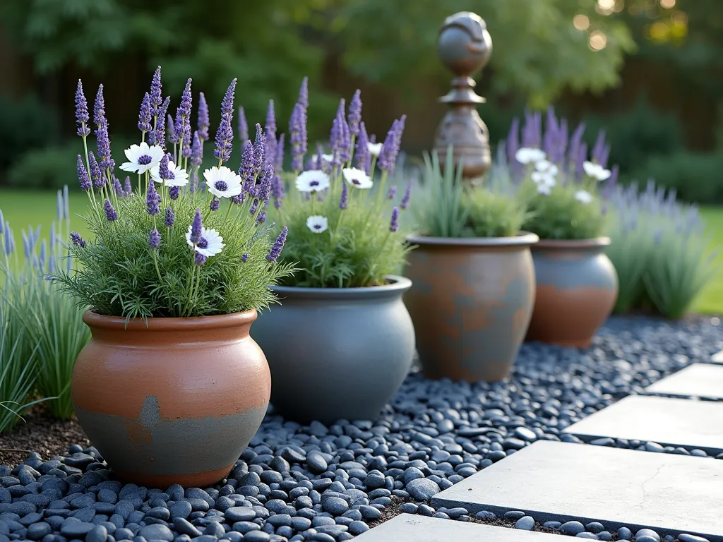 Elegant Slate Container Garden - A serene garden vignette featuring an artistic arrangement of ceramic and terracotta pots in varying heights and sizes, placed on a pristine bed of dark grey slate chippings. The containers showcase a harmonious mix of purple lavender, white flowering Japanese anemones, and cascading silver-blue festuca grass. Soft evening lighting casts gentle shadows across the textured slate surface, highlighting its metallic sheen. The slate bed extends in a curved pattern, creating a clean, contemporary look with the containers thoughtfully spaced to create visual rhythm. A weathered copper garden ornament adds an accent point among the planters.