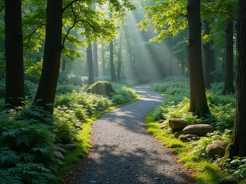 Enchanted Woodland Slate Path - A serene, winding garden path through dappled shade, made of dark grey slate chippings softly blended with fallen pine needles and patches of emerald moss. Mature trees create a natural canopy overhead, casting gentle shadows. Ferns and woodland flowers line the edges of the path, while scattered beams of sunlight filter through the leaves, creating a magical atmosphere. The path curves gently into the distance, bordered by natural woodland vegetation and scattered logs covered in moss. Photorealistic, soft natural lighting, landscape photography style.