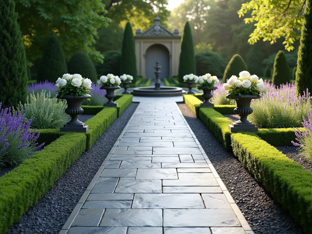 Elegant Slate Path in Formal Garden - A symmetrical garden path made of dark grey slate chippings, perfectly edged with metal borders, winding through a manicured formal garden. The path is flanked by neatly trimmed boxwood hedges and ornamental lavender. Classical stone urns with flowering white roses mark key intersections. The path leads to an elegant stone fountain in the distance. Morning sunlight casts gentle shadows across the slate surface, highlighting its natural texture. The garden features geometric parterre designs on either side, creating a sophisticated and timeless aesthetic. Photorealistic, 4K, architectural photography style.