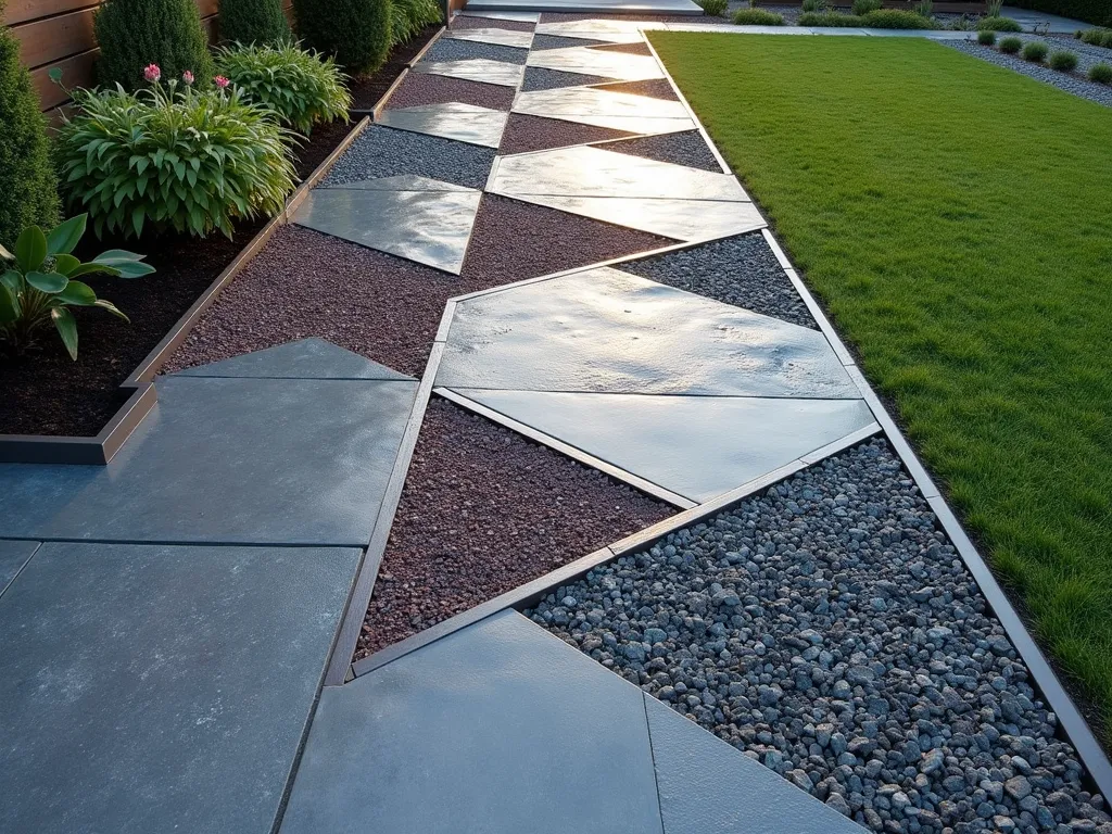 Modern Geometric Slate Garden Pattern - A stunning modern garden design featuring a geometric pattern created with slate chippings in three distinct colors - plum, grey, and sage green. The pattern forms clean hexagonal and triangular shapes, divided by sleek metal edging strips that catch the sunlight. The contemporary design is photographed from above at a 45-degree angle, showing the precise angular patterns against a natural backdrop. The metal edging creates crisp, architectural lines that separate each section of colored slate, forming a sophisticated mosaic effect. Soft evening lighting enhances the different slate colors and metallic boundaries, creating subtle shadows that emphasize the geometric design.