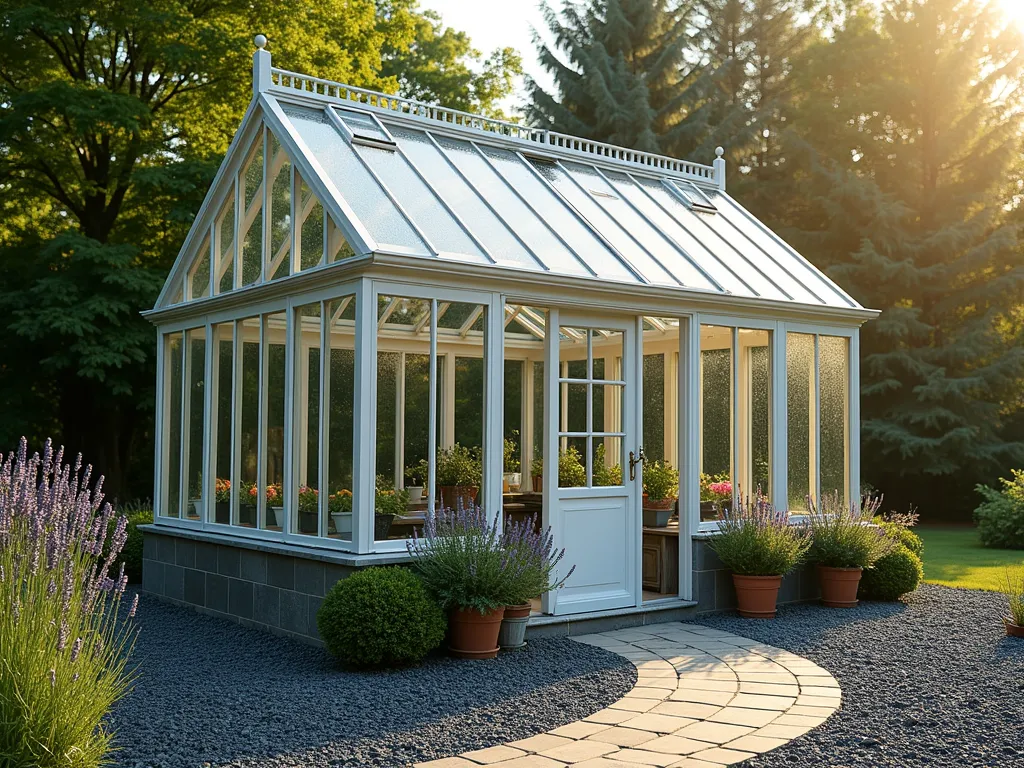 Elegant Glass Greenhouse with Slate Foundation - A pristine Victorian-style glass greenhouse surrounded by a neat border of dark gray slate chippings, photographed in golden afternoon light. The greenhouse features clean geometric lines and classic proportions, with condensation-kissed glass panels. The slate chipping foundation extends 2 feet around the structure, creating perfect drainage and a professional finish. Potted lavender and rosemary line the entrance path, while climbing roses frame the greenhouse door. The slate chips capture and reflect natural light upward, creating a luminous effect around the structure. Professional architectural photography style, f/8, sharp focus, soft natural lighting.