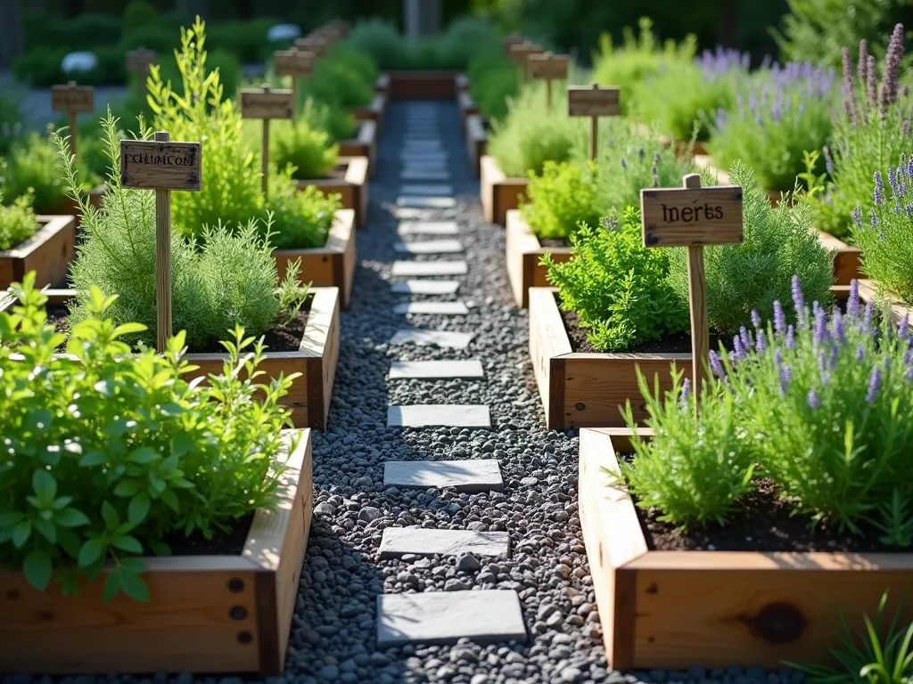 Organized Herb Garden with Slate Chipping Pathways - A beautifully organized herb garden with raised wooden beds arranged in a grid pattern, separated by neat pathways of dark gray slate chippings. Lush herbs including rosemary, thyme, sage, and lavender grow abundantly in the beds, their varied textures and heights creating visual interest. The slate paths are perfectly manicured, about 18 inches wide, creating easy access between the herb sections. Soft morning sunlight filters through the scene, highlighting the aromatic herbs and the natural sheen of the slate chips. A rustic wooden herb marker stands in each section, photorealistic, 4k, natural lighting