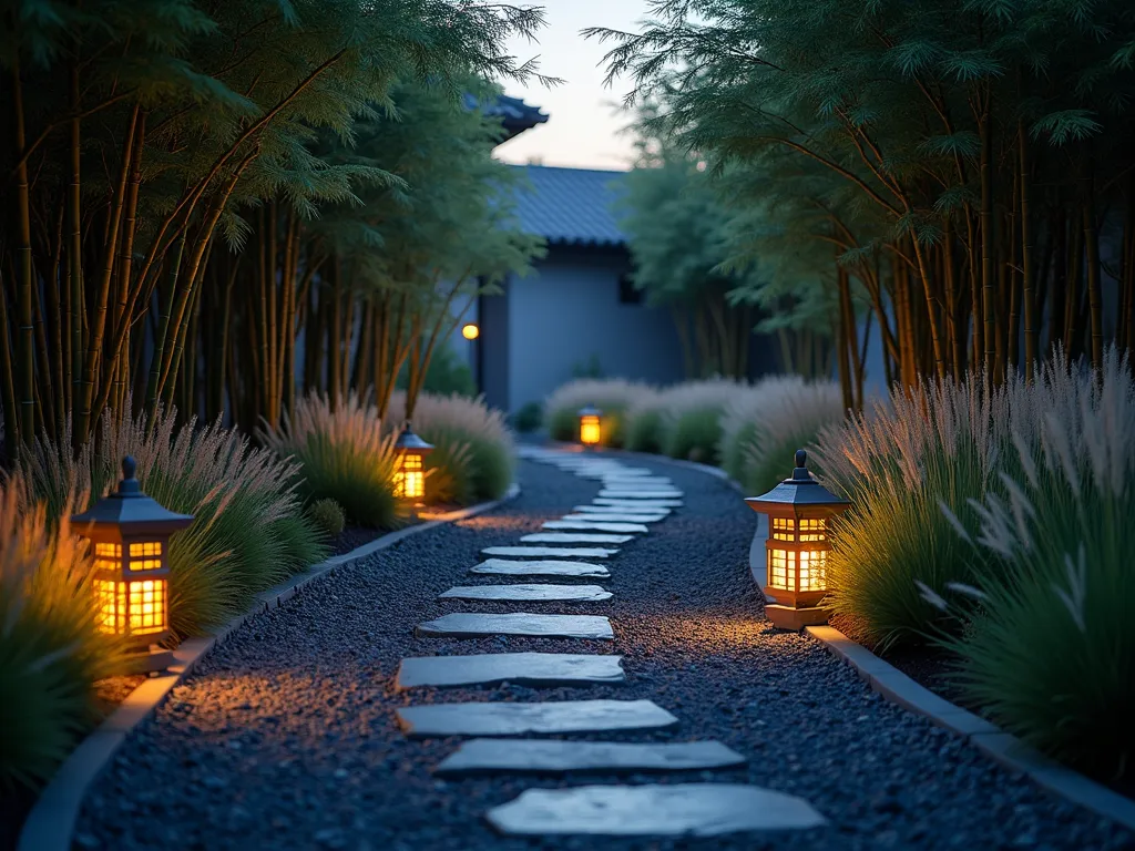 Japanese-Inspired Slate Path with Night Lighting - A serene garden path made of dark slate chippings meandering through tall bamboo and ornamental grasses, photographed at dusk. Soft landscape lighting illuminates the path from below, creating ethereal shadows and reflections on the smooth stones. The path is perfectly manicured with clean edges, while wispy Hakone grass and black bamboo sway gently on either side. Minimal Japanese-style stone lanterns dot the pathway, casting a warm glow. The scene is captured in high detail with atmospheric fog, creating a misty, zen-like atmosphere. Professional landscaping photography, f/8, golden hour lighting