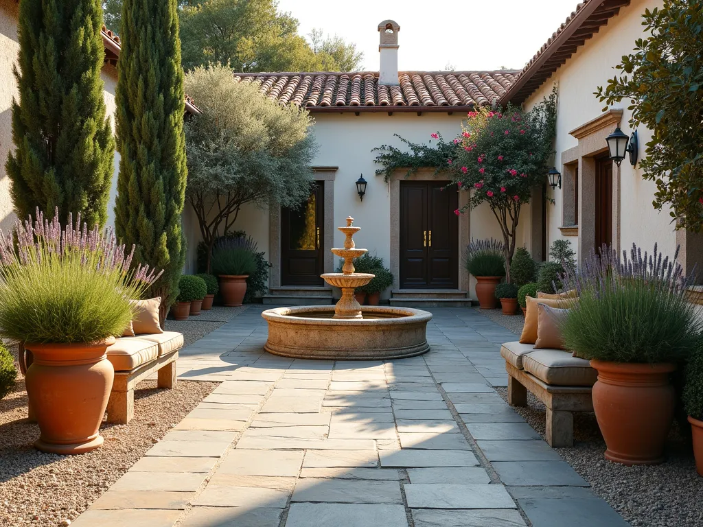 Mediterranean Courtyard with Slate Chippings - A sunlit Mediterranean-style courtyard featuring smooth gray slate chippings as ground cover, arranged in an elegant pattern. Weathered terracotta pots of varying sizes contain blooming lavender, rosemary, and olive trees. A rustic stone fountain serves as a centerpiece, surrounded by cypress trees and trailing bougainvillea on whitewashed walls. Natural stone benches with comfortable cushions in earth tones complete the scene. Captured during golden hour with warm, dramatic lighting emphasizing the textures of the slate and creating long, artistic shadows. Photorealistic, architectural photography style, f/8, soft natural lighting.