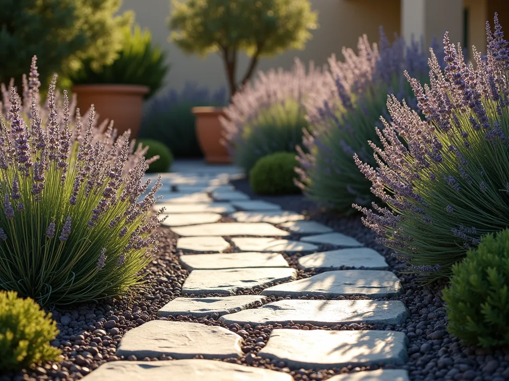 Sun-Drenched Mediterranean Slate Garden - A serene Mediterranean-style garden path winding through banks of blooming lavender and rosemary, set against plum-colored slate chippings. Dramatic late afternoon sunlight casts long shadows across the purple-grey stone, highlighting its metallic sheen. Silvery foliage of mature lavender bushes creates a soft contrast against the angular slate, while compact rosemary shrubs add structure. Terra cotta pots and a small olive tree in the background complete the Mediterranean atmosphere. Photorealistic, high detail, warm golden light, landscape photography style.