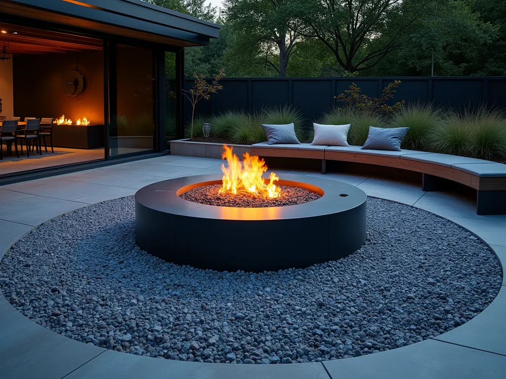 Modern Fire Pit with Slate Surround - A stunning modern circular fire pit with sleek metal construction centered in a wide circular bed of blue-grey slate chippings, photographed at dusk with gentle flames flickering. The slate circle spans 8 feet in diameter, creating a sophisticated and safe perimeter. Modern low-profile outdoor furniture arranged around the pit, including clean-lined teak benches. Soft landscape lighting illuminates the textured slate chips. Minimal ornamental grasses provide subtle movement at the edges. Architectural photography style, cinematic lighting, high-end garden design.