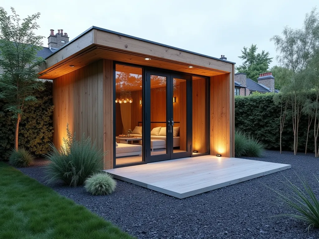 Modern Garden Studio with Slate Surround - A contemporary garden studio with floor-to-ceiling windows, surrounded by a pristine border of dark grey slate chippings. The modern wooden structure features clean lines and a flat roof, with the slate creating a neat 1-meter perimeter. Architectural grasses and bamboo provide minimal, modern landscaping touches at the corners. The slate chippings are perfectly leveled, creating a professional, maintenance-free barrier that contrasts beautifully with the studio's cedar cladding. Soft evening lighting illuminates the space, highlighting the texture of the stones. Photorealistic, architectural photography style.