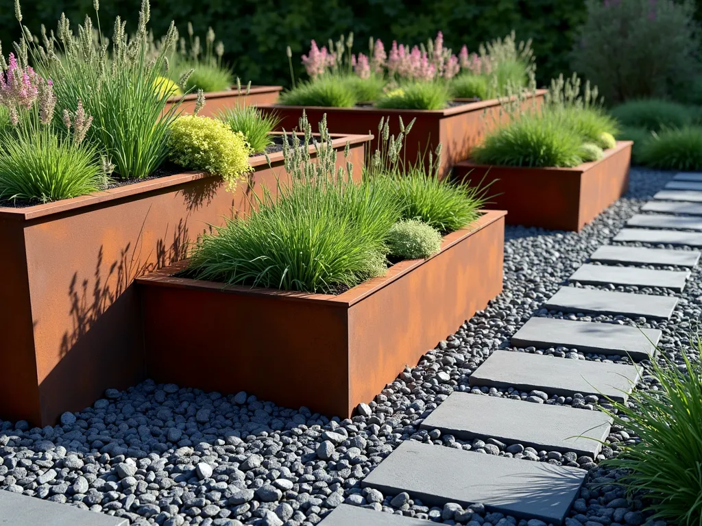 Contemporary Raised Bed with Slate Border - A modern garden scene featuring three rectangular Corten steel raised beds arranged in a stepped formation, surrounded by dark grey slate chippings creating crisp, clean borders. The beds contain ornamental grasses and flowering perennials spilling over the edges, creating a striking contrast against the weathered metal and dark stone mulch. Photographed in natural sunlight with dramatic shadows emphasizing the geometric design. The slate chippings form neat, weed-free pathways between the beds, with their angular fragments catching the light. Photorealistic, architectural photography style, 8k resolution.