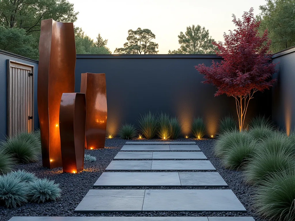 Contemporary Slate and Sculpture Garden - A modern garden space featuring dark grey slate chippings as a minimalist base, with three striking abstract metal sculptures in varying heights (6-8 feet tall) with copper and steel finishes. The sculptures cast dramatic shadows on the slate surface. Strategically placed uplighting illuminates the sculptures. Clean-lined concrete paths intersect the space, with architectural grasses like Mexican Feather Grass and Blue Fescue providing soft movement along the edges. A single mature Japanese Maple adds an organic focal point with its deep burgundy leaves contrasting against the slate. Photorealistic, golden hour lighting, architectural photography style.