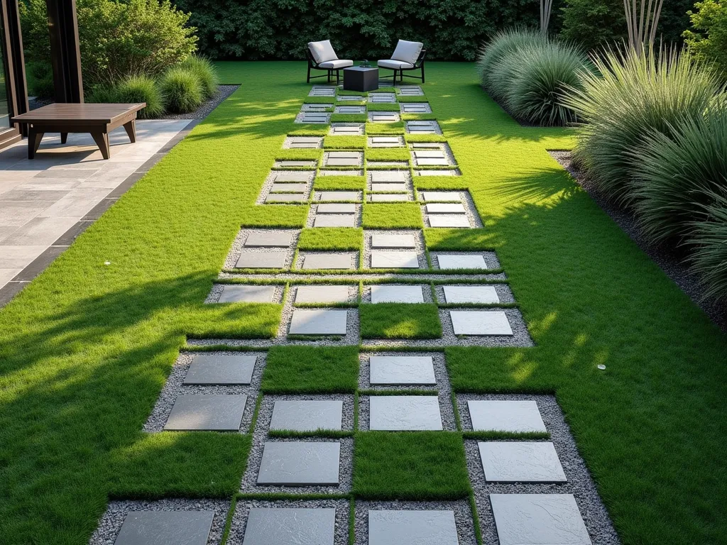 Modern Slate and Grass Checkerboard Garden Path - A stunning aerial perspective of a modern garden path featuring an elegant checkerboard pattern alternating between dark grey slate chippings and lush green grass squares, each square measuring approximately 24 inches. The pattern extends through a manicured garden, with clean geometric lines and perfect symmetry. Soft morning sunlight casts gentle shadows across the pattern, highlighting the textural contrast between the smooth slate and the vibrant grass. The edges are crisp and well-defined, bordered by contemporary steel edging. In the background, architectural ornamental grasses and modern garden furniture complete the sophisticated landscape design. Photographed in high resolution with attention to detail and texture, 8k quality.