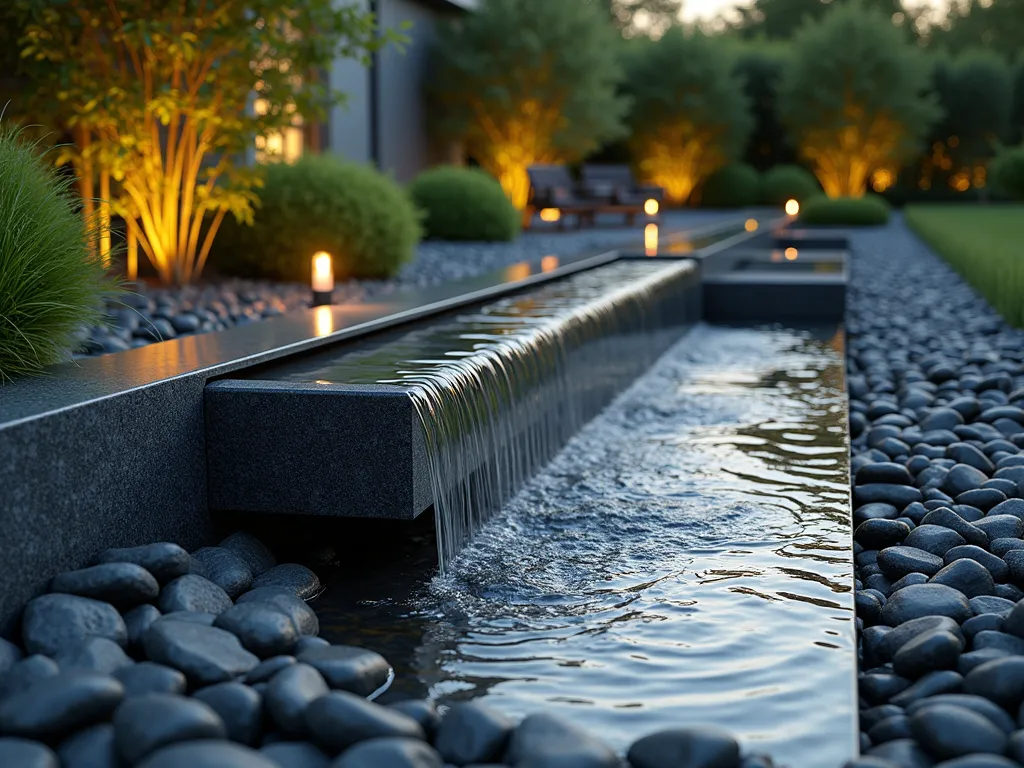 Minimalist Slate and Water Feature Garden - A stunning contemporary garden scene featuring a sleek rectangular water feature with cascading water, surrounded by dark grey slate chippings that blend seamlessly with the water's edge. The water feature is constructed from polished stainless steel and glass, creating gentle ripples that reflect natural light. Japanese forest grass and low-growing bamboo provide subtle greenery along the edges, while strategically placed LED lighting illuminates the wet slate chips, enhancing their natural iridescent colors. The composition is photographed from a low angle during golden hour, capturing the interplay of light on both the water and wet stones, architectural photography style, ultra HD quality, photorealistic.