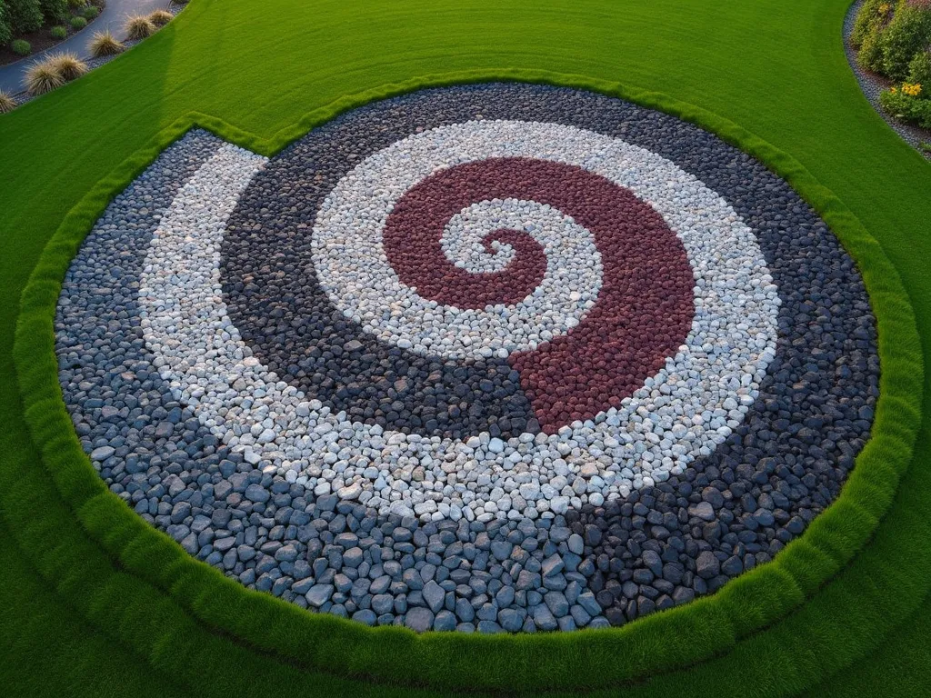 Modern Spiral Slate Art Garden Installation - Aerial view of a stunning garden art installation featuring a large spiral pattern created with contrasting slate chippings in dark charcoal, silver-grey, and burgundy colors. The spiral design is set against a manicured lawn backdrop, with small ornamental grasses strategically placed along the edges. The pattern measures approximately 15 feet in diameter, with smooth flowing curves that create a mesmerizing effect when viewed from above. Low-voltage landscape lighting highlights the texture of the slate pieces, creating dramatic shadows at dusk. Japanese forest grass provides a soft, flowing contrast to the geometric precision of the slate design.