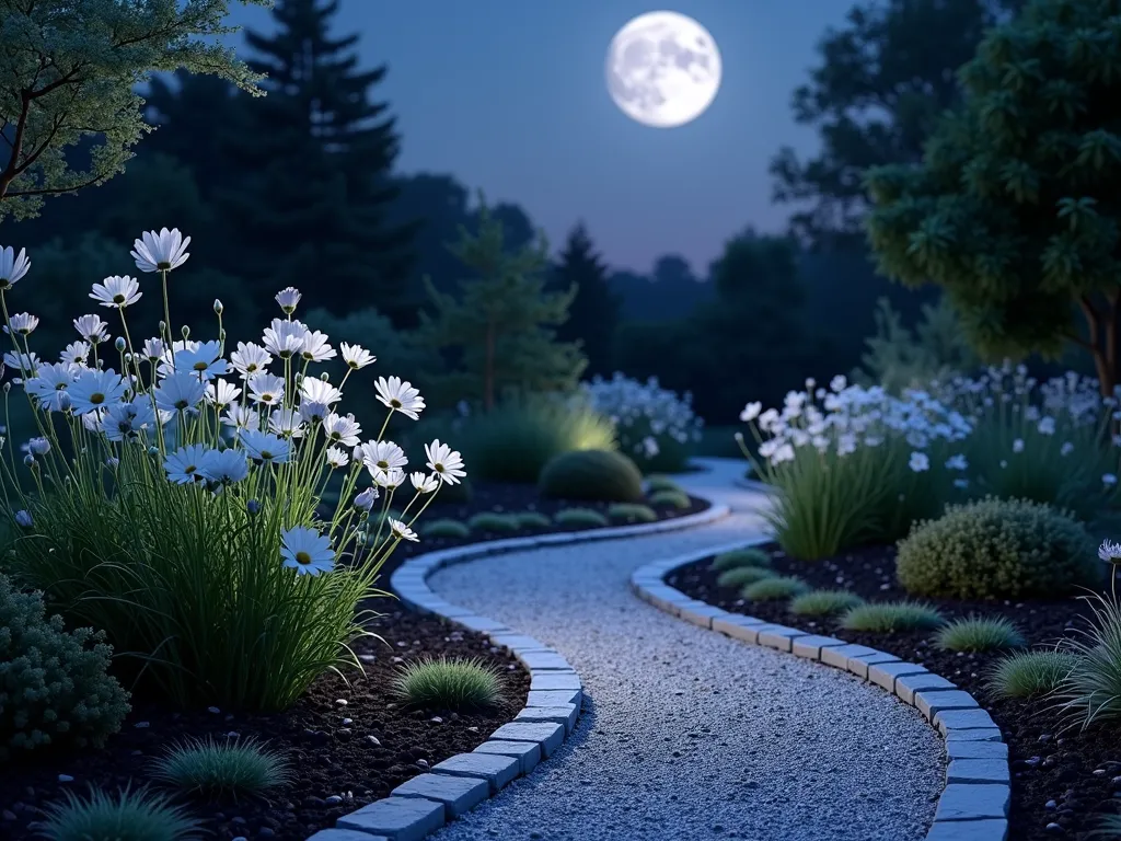 Enchanting Moonlit Slate Border Garden - A magical nighttime garden scene featuring a curved flower bed edged with luminous light-grey slate chippings that shimmer in the moonlight. White moon flowers and cosmos flowers sway gently above the border, their pristine petals catching the silver moonlight. The border follows a graceful S-curve through the garden, with the slate chips creating a ghostly ribbon effect against darker mulch. A full moon hangs in a deep blue-purple sky, casting ethereal shadows and highlighting the white blooms. Soft landscape lighting hidden among the flowers adds a subtle glow to the slate chips, creating an otherworldly atmosphere. Photorealistic, high detail, atmospheric lighting, cinematic composition.