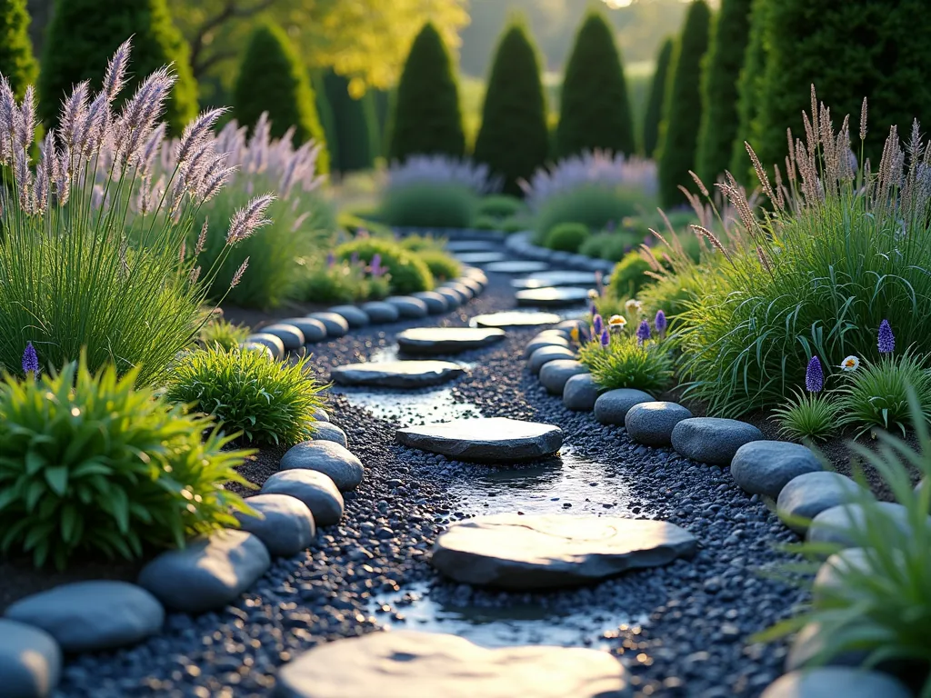 Natural Slate Stream Bed with Native Plants - A gently curving dry stream bed made of dark gray and blue-tinted slate chippings, meandering through a lush garden landscape. The stream bed is lined with medium-sized slate rocks along its edges, creating natural-looking banks. Native ornamental grasses like Blue Fescue and Japanese Forest Grass cascade over the edges, while small clusters of Purple Coneflowers and Black-Eyed Susans add pops of color along the stream's path. Stepping stones cross the dry stream at strategic points, and small groundcover plants like Creeping Thyme grow between the slate chips. The scene is captured in warm afternoon sunlight, creating subtle shadows and highlighting the varying textures of the slate. Perspective shot from a low angle showing the natural flow of the stream bed through the garden, with a backdrop of evergreen shrubs providing depth.